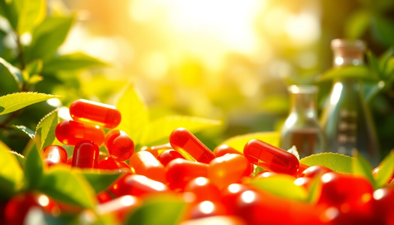 Showcasing astaxanthin antioxidant capsules surrounded by green leaves emphasizing health benefits.