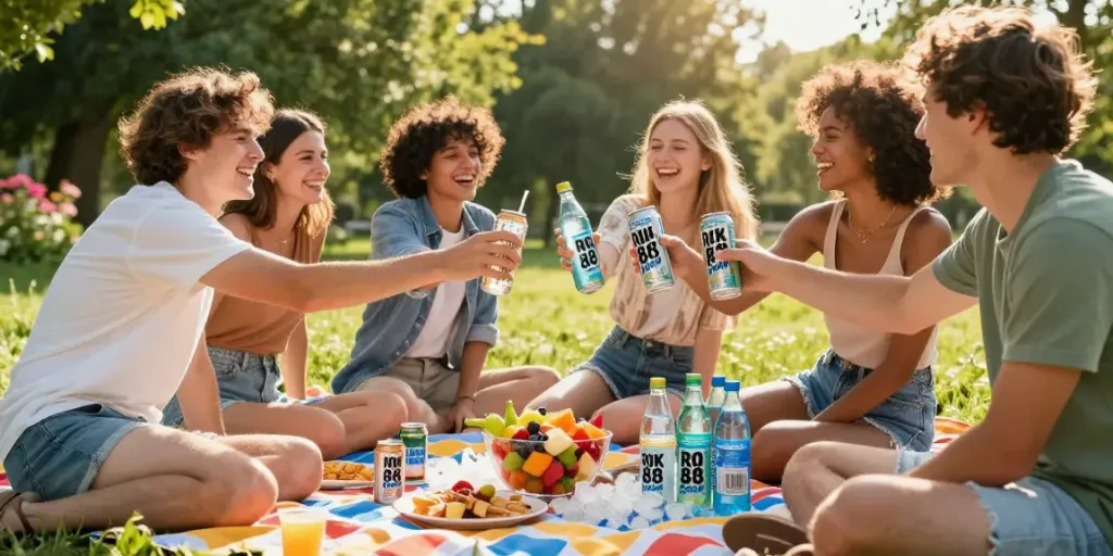 Friends enjoying rokok88 link during a sunny picnic with drinks and snacks.