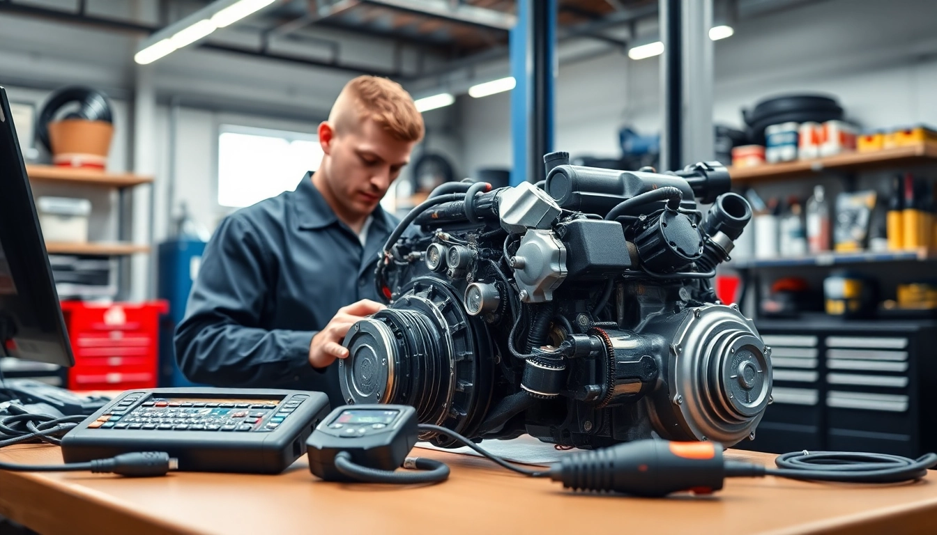 Mechanic inspecting an Approved Engine in a bright, organized workshop.