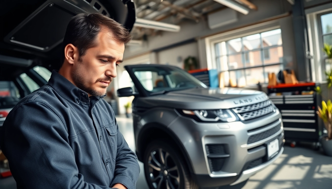 Mechanic performing a Land Rover Service in a modern workshop with professional tools.
