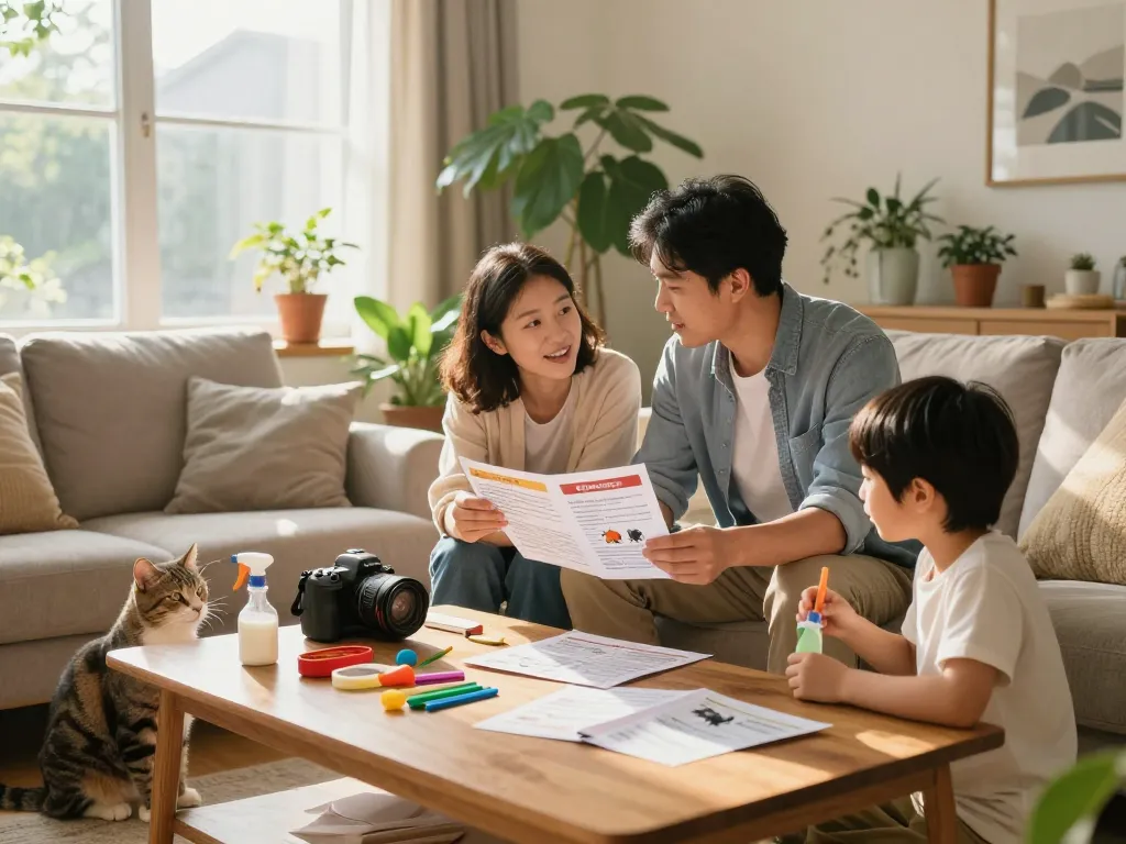 Pest control pamphlets and DIY tools in a home living room promoting family awareness.