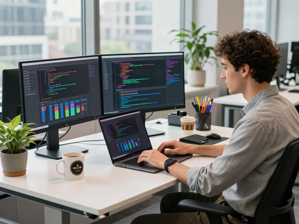 Developer at a modern workstation engaging in ggsoft login, surrounded by coding screens and greenery.