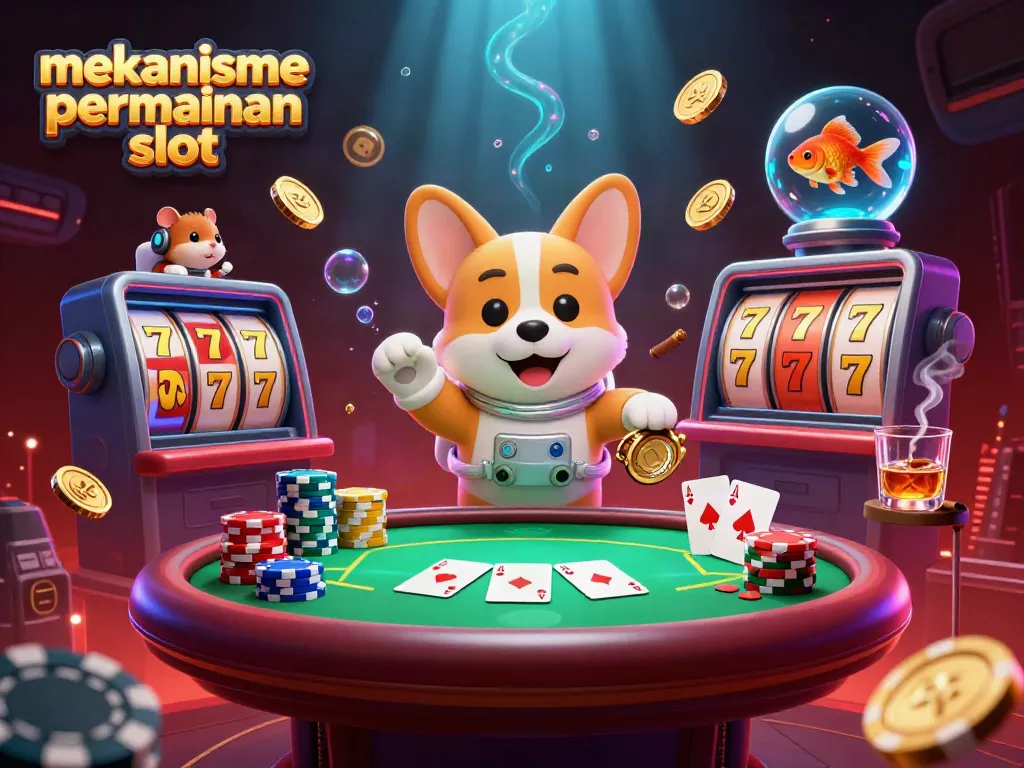 Mekanisme permainan slot ditampilkan dalam ilustrasi 3D dengan karakter kartun mengambang di kasino luar angkasa.