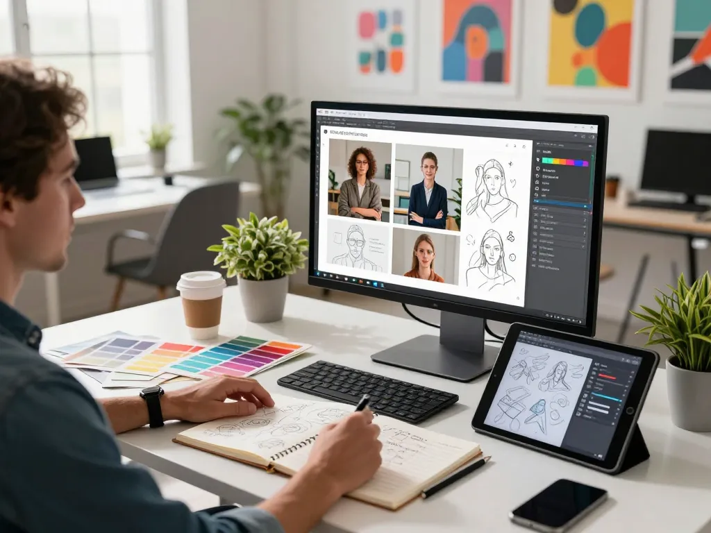 Utilizing an image to prompt generator in a modern creative workspace, showcasing design tools and vibrant atmosphere.