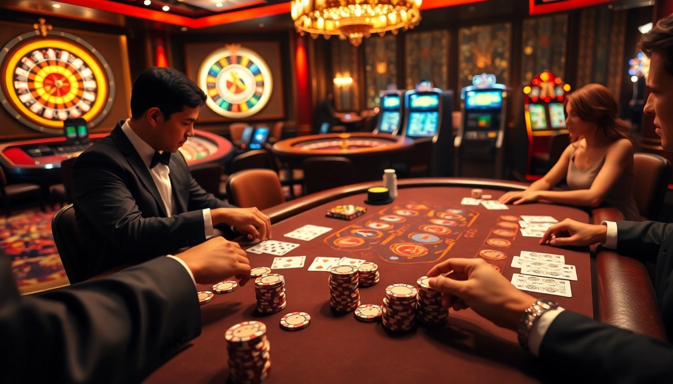 Excitante confrontation de poker dans un casino luxueux, mettant en avant des éléments de casino en ligne Français 2026.