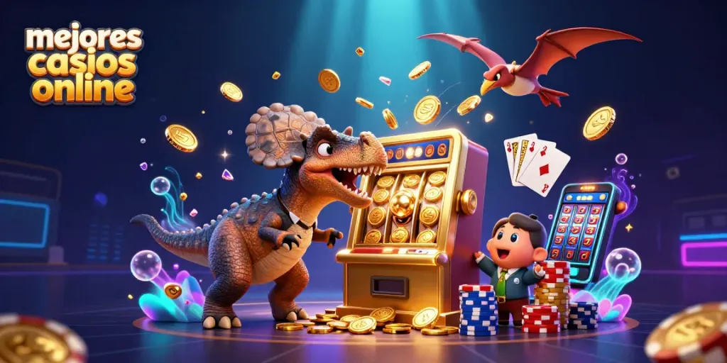 Visualiza los mejores casinos online mientras un pachycephalosaurus gana en una tragamonedas dorada.