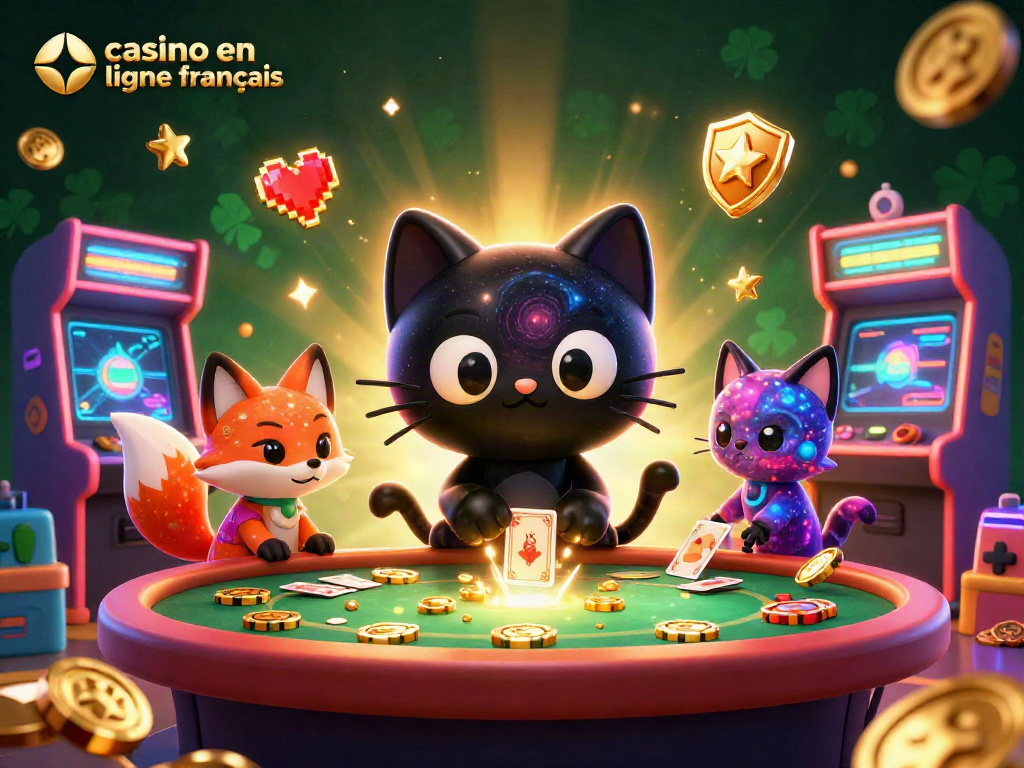 Jeu passionnant avec un chat de casino en ligne français attirant des jetons dorés et des cartes dans un univers coloré.