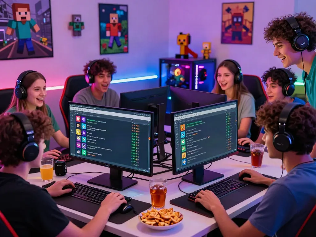A group of friends exploring a Minecraft server list on a computer screen, surrounded by a vibrant gaming atmosphere.