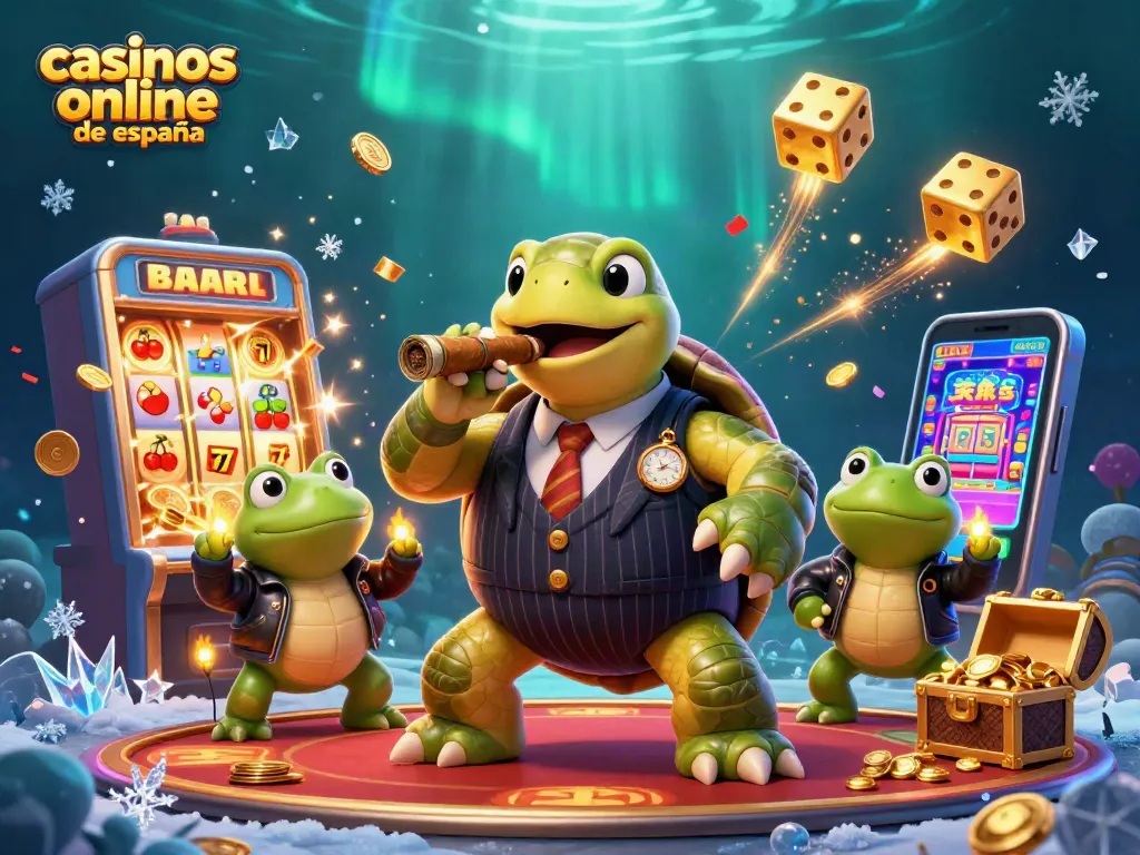 Disfruta de casinos online de España con una divertida escena de un tortugo y ranas en un entorno vibrante.