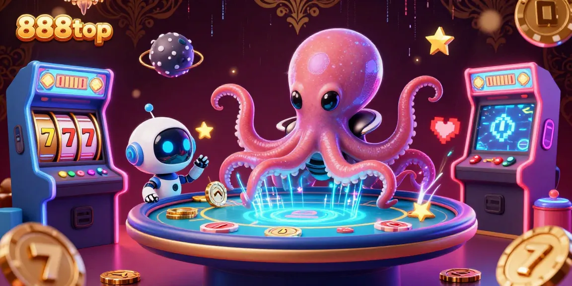 Engage with 888top in a dynamic 3D scene featuring an alien octopus at a holographic poker table surrounded by vibrant casino elements.