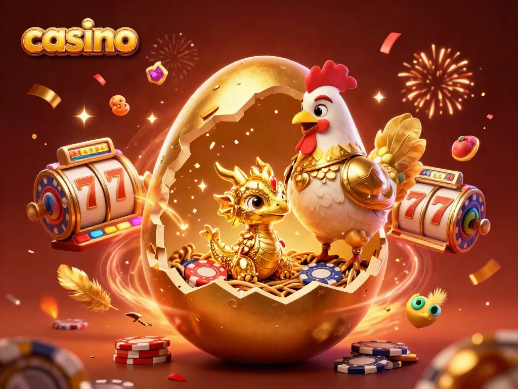 Experience the excitement of a golden casino with a baby dragon and poker chips amidst colorful slot reels.