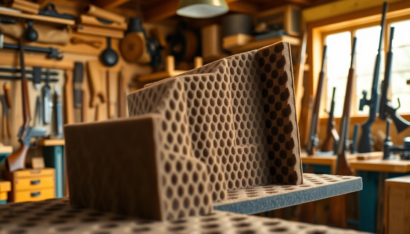 Explore custom foam for rifle case with detailed textures in an organized workshop setting.