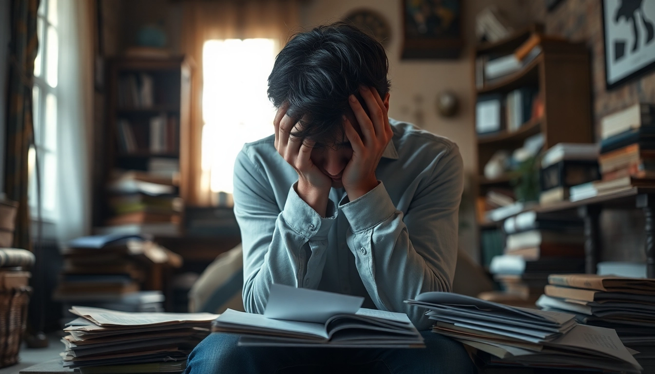 Illustration of a person experiencing depression symptoms in a cozy setting, capturing emotional turmoil.