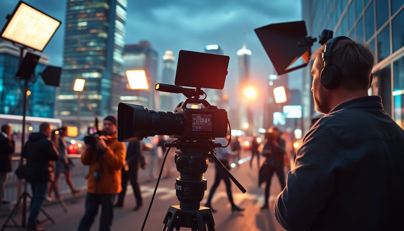 Producing stunning video production edmonton with a professional crew amidst an urban landscape.