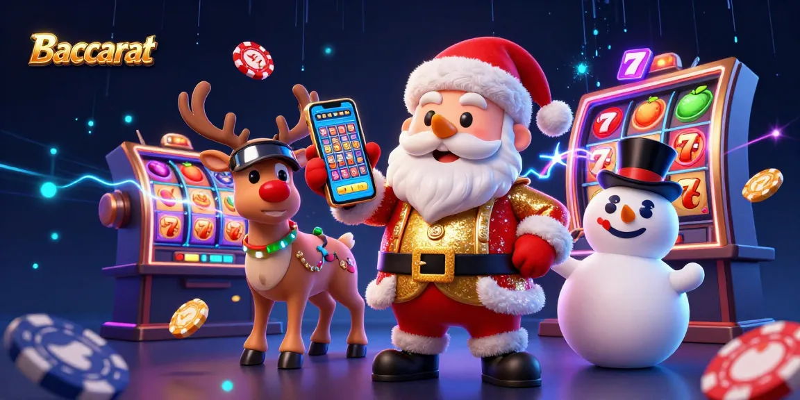 Baccarat game illustration featuring Santa revealing jackpot slots in a vibrant casino setting.