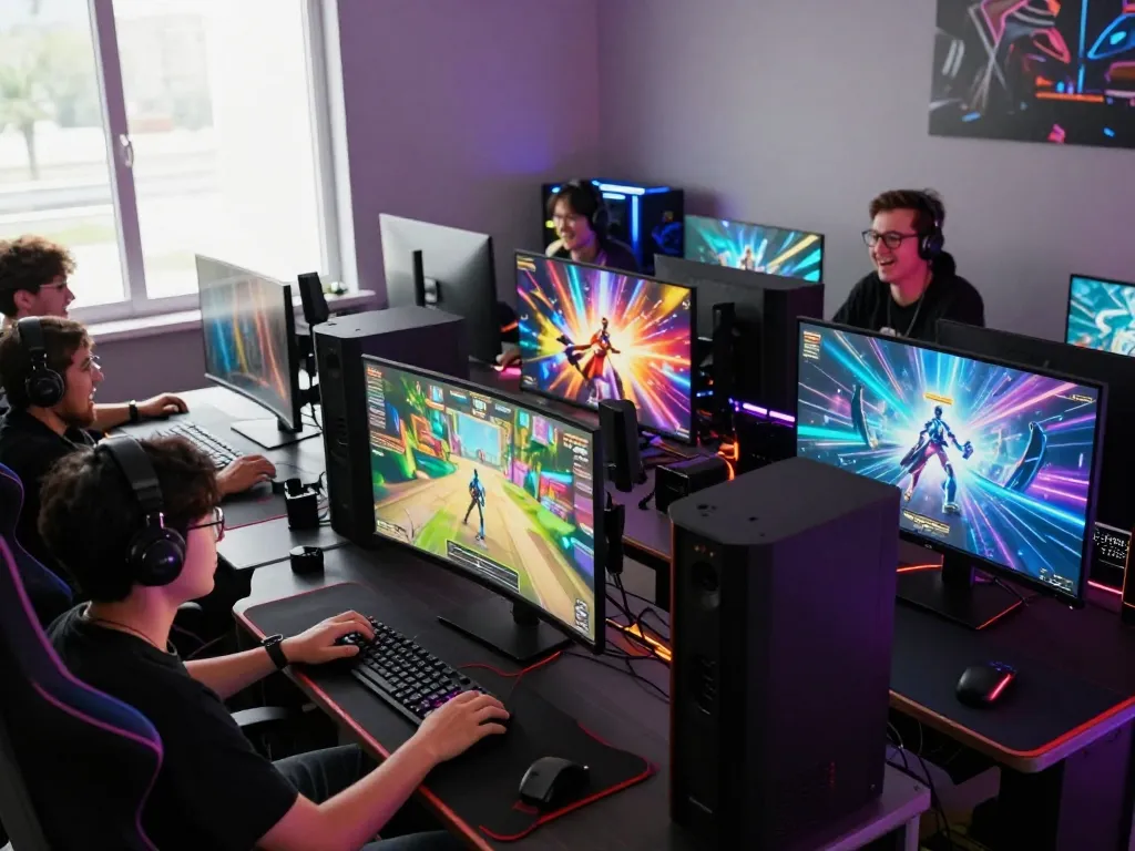 Engaged players immersed in the game hubet88 gaming experience, showcasing vibrant screens and high-tech gaming gear.