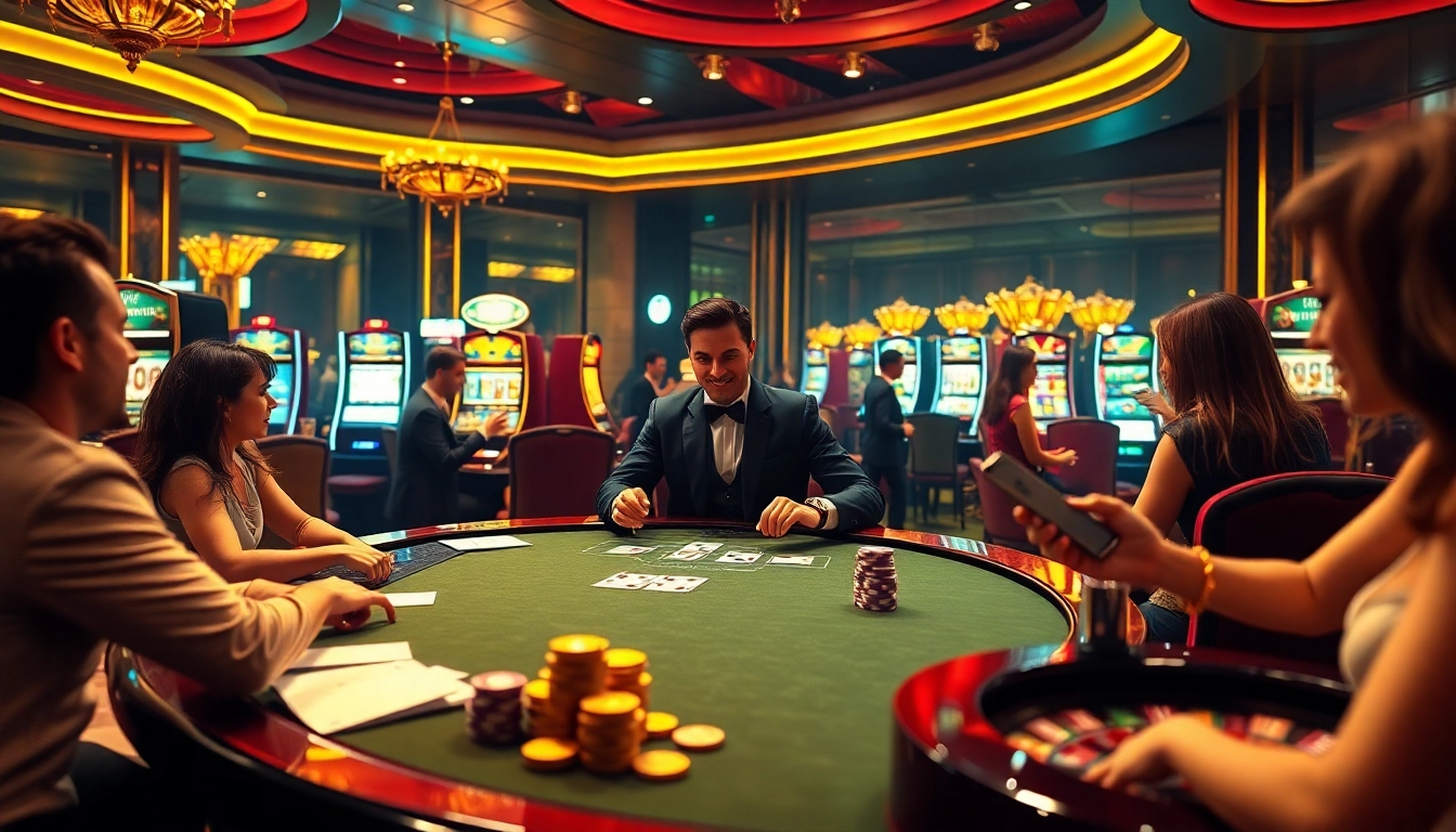 Joueurs vivant le luxe au casino en ligne Français 2026 avec des jetons de poker et des roues de roulette.