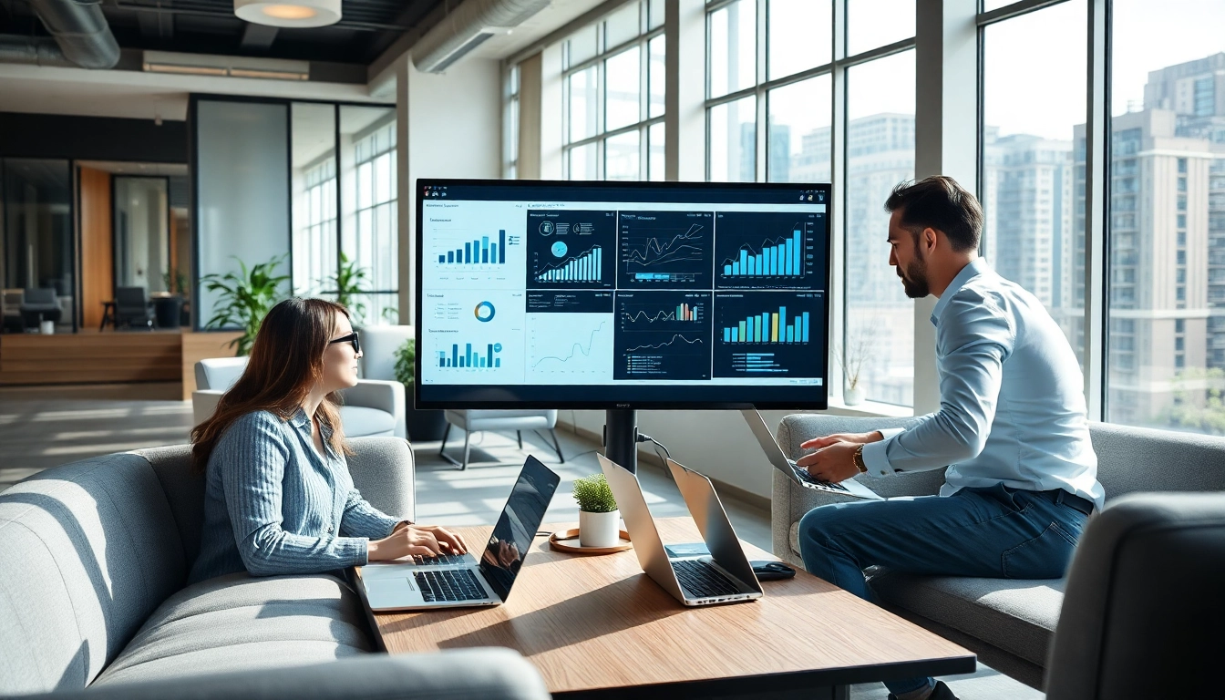 Analyze b2b competitive intelligence with data visualizations and business professionals in a bright office.