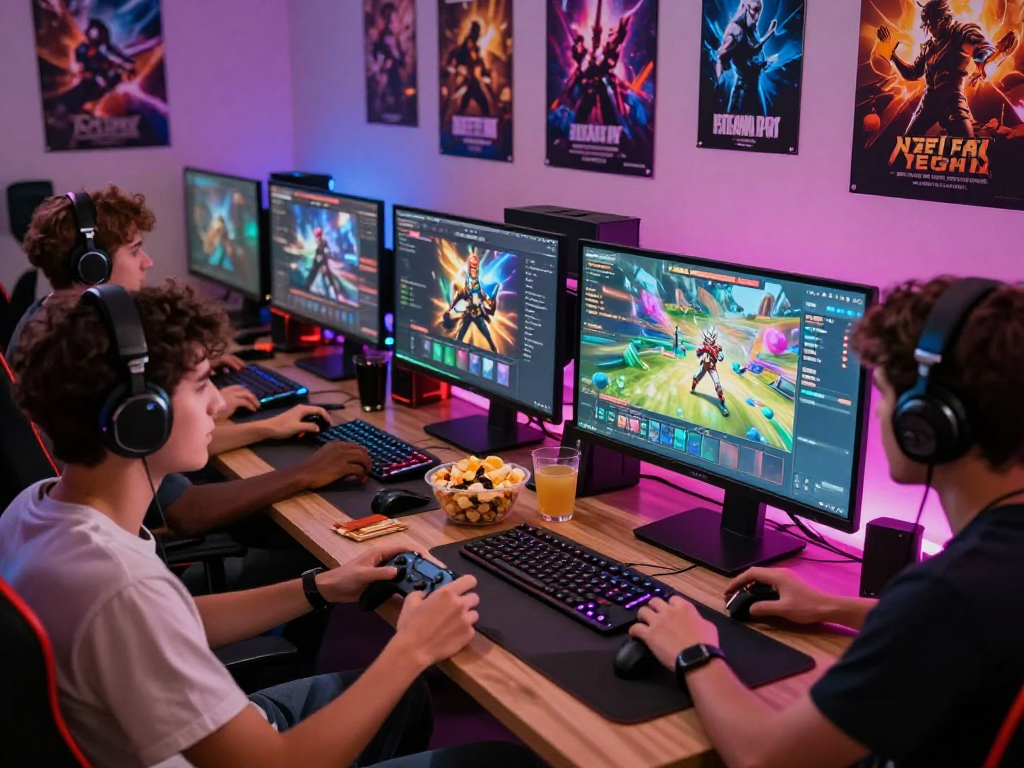 Friends enjoying HTML porn games together on a vibrant gaming setup with engaging graphics and snacks.