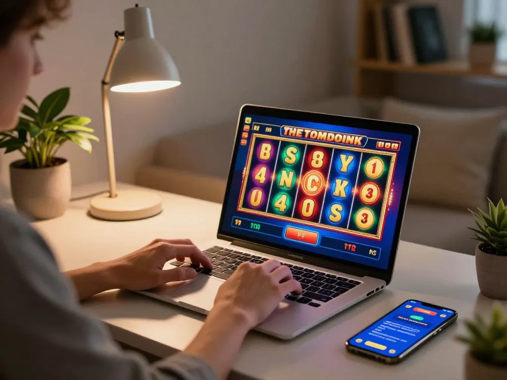 Player enjoying slot games online at 888top in a cozy home setting, engaging with vibrant colors and interface.