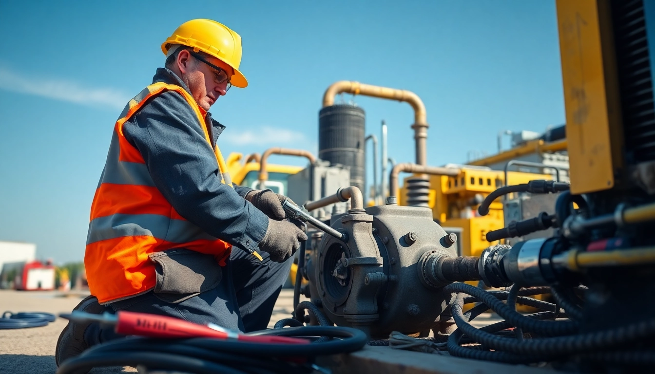 Technician performing on-site hydraulic repair on an industrial system in a busy outdoor setting.