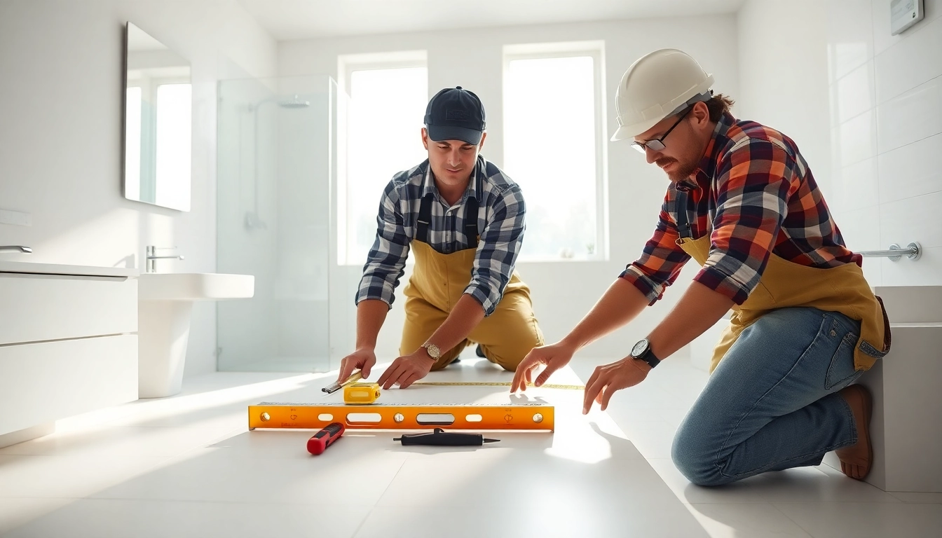 Skilled bathroom builders renovating a bright, modern bathroom with elegant fixtures.