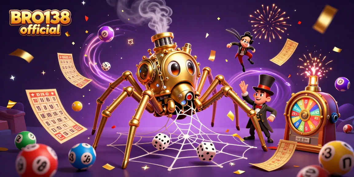 Win big with BRO138 official as steampunk spider catches unlucky dice in a vibrant casino scene.