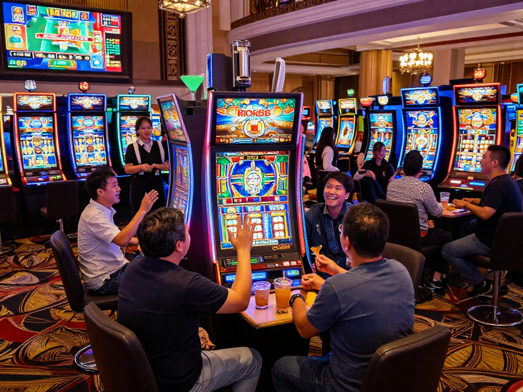 Excited players at the vibrant rokok88 slot machine in a lively casino.