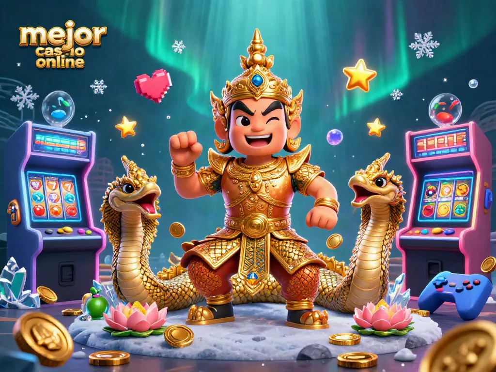 Disfruta de los mejores casinos online con esta ilustración de un templo tailandés y sus guardianes.