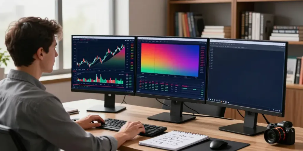 Trader engaged with TradingView on monitors in a modern workspace