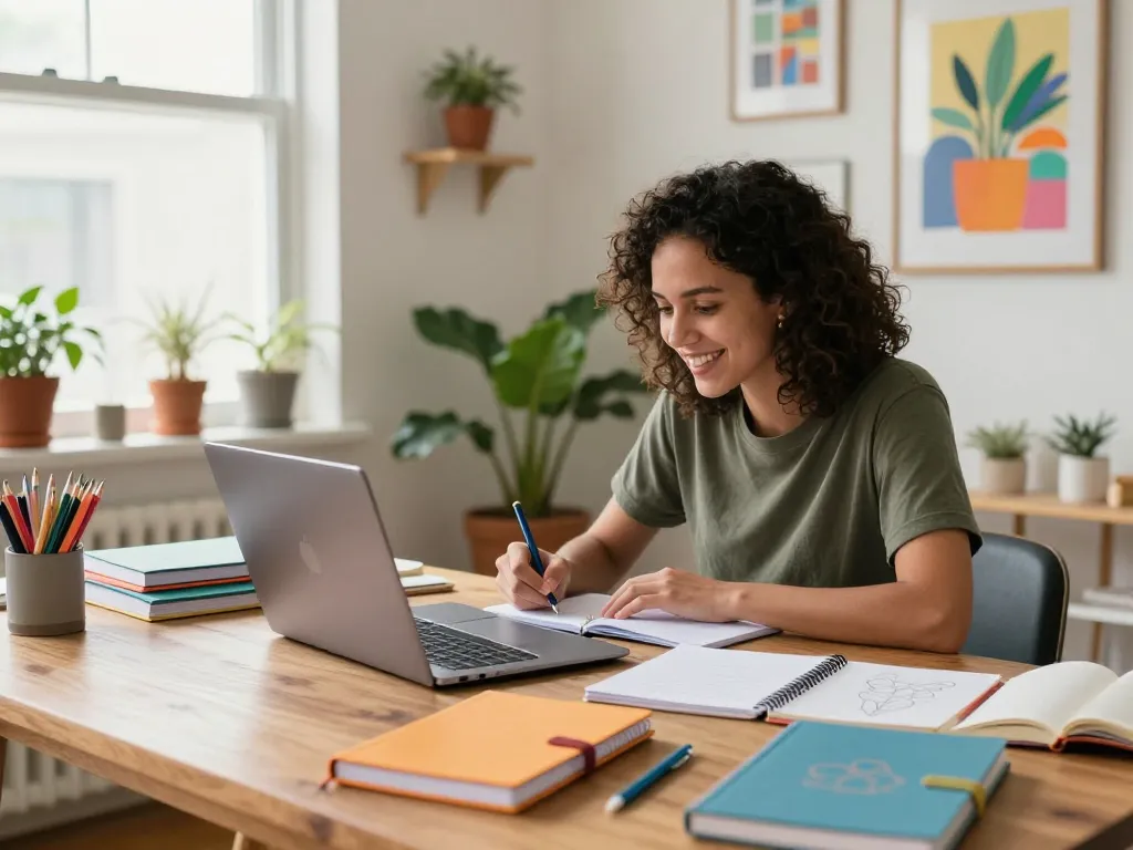 Creative individual designing custom notebooks in a bright home office.