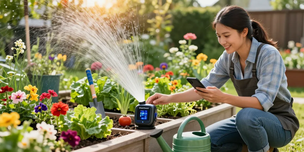 The RainPoint sprinkler timer in action, helping a gardener automate watering for a thriving garden.