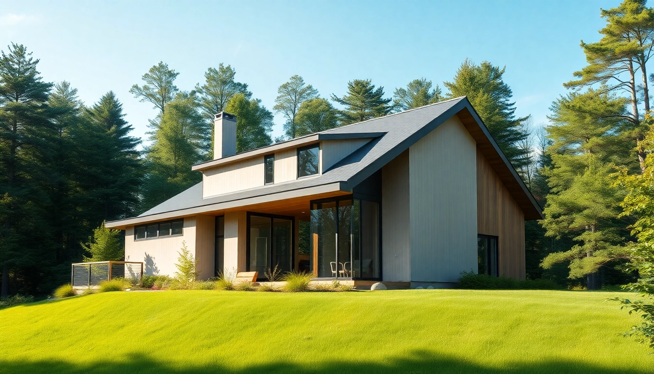 Explore Massachusetts residential architecture with a stunning modern home nestled in a lush landscape.