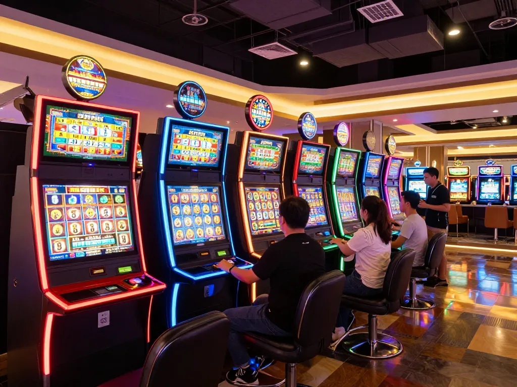 Playing thrilling slot thailand games in a lively casino with vibrant lights and excited players.