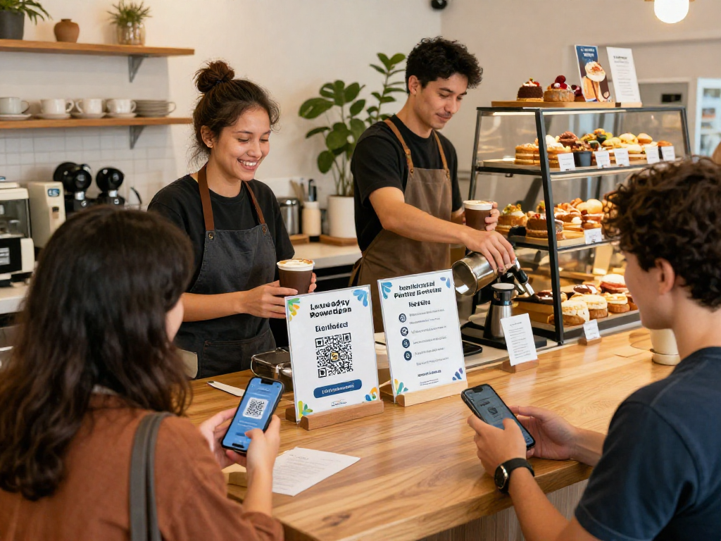 Loyalty program in action at a café, customers scanning QR codes for rewards while enjoying a warm atmosphere.