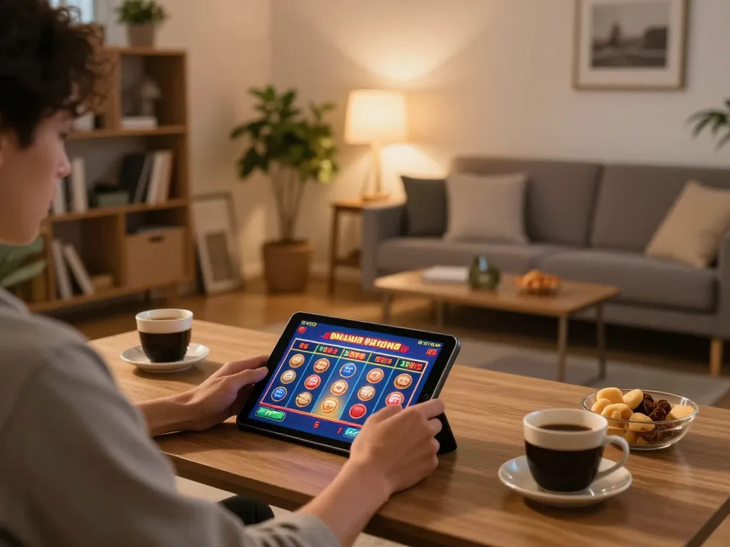 Playing casino online gratis senza registrazione on a tablet in a cozy home setting with warm lighting