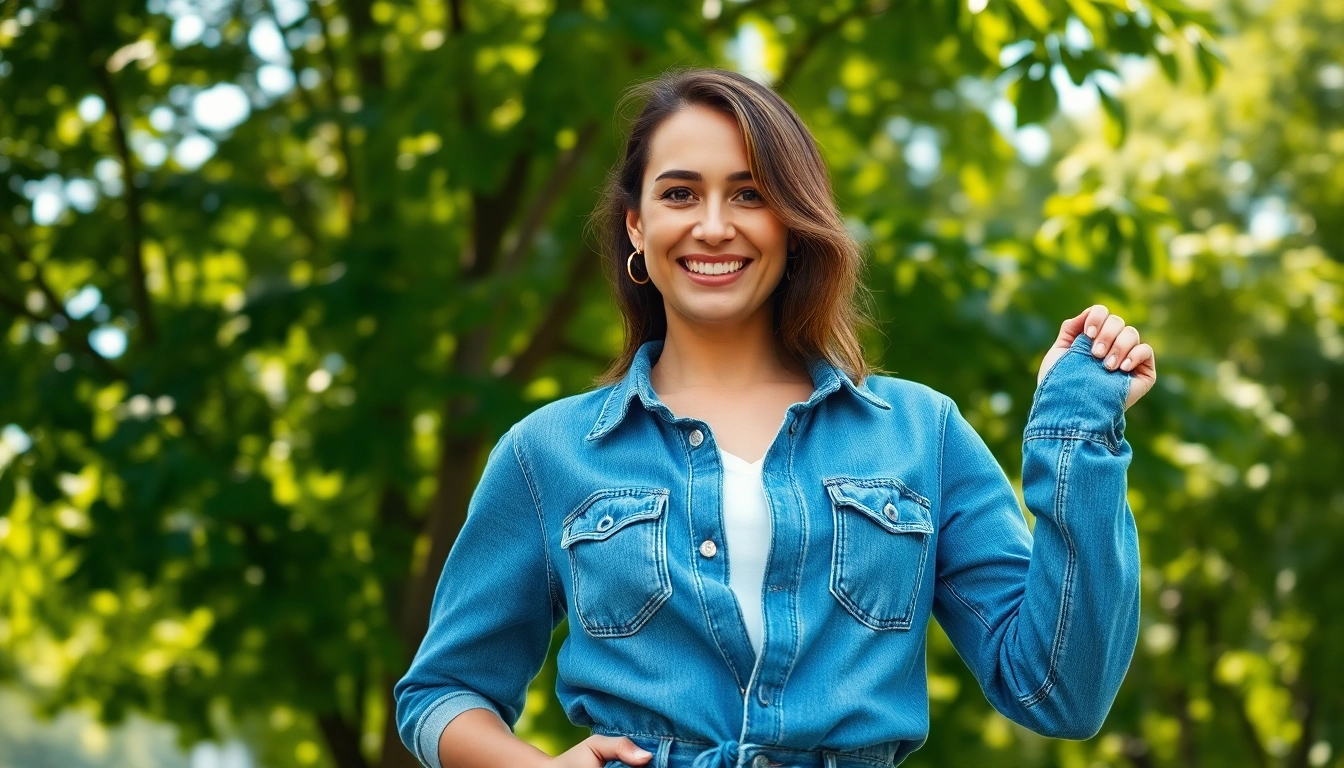 Model proudly wearing sustainable jeans in a vibrant outdoor setting.