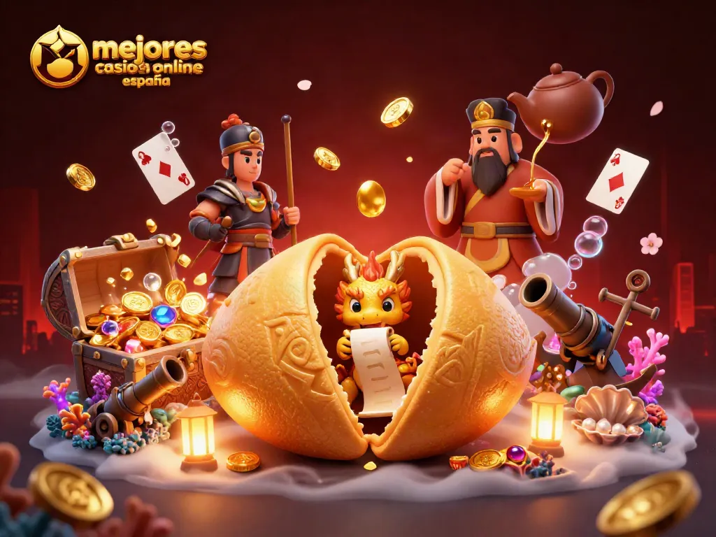Ilustración 3D de los mejores casinos online España, con elementos de fortuna, juegos y oro.