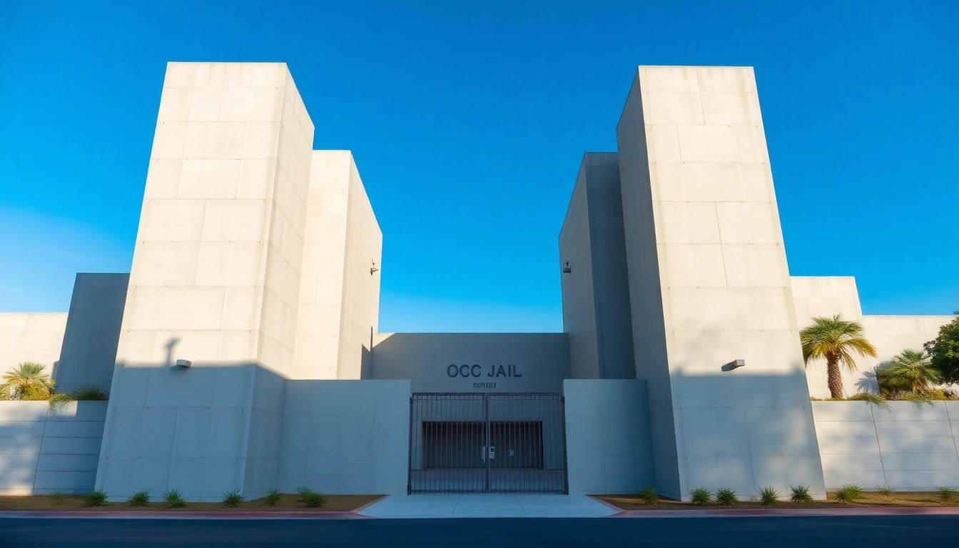 View of the secure OC Jail facility emphasizing its strong architecture and landscape.