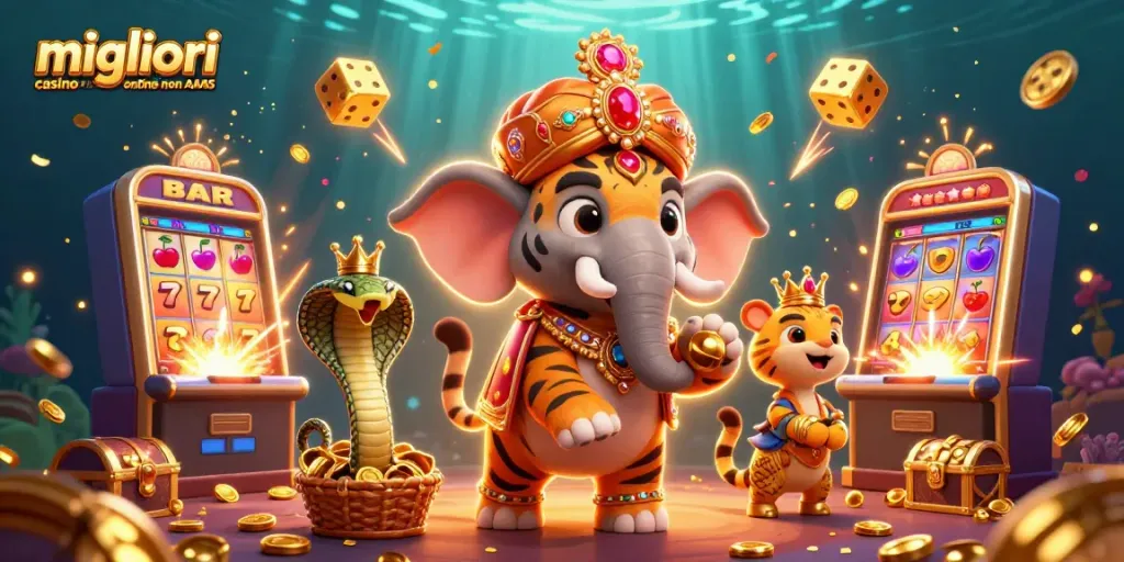 Immagine dei migliori casino online non AAMS con un maharaja e un elefante tra simboli vincenti e effetti di jackpot.