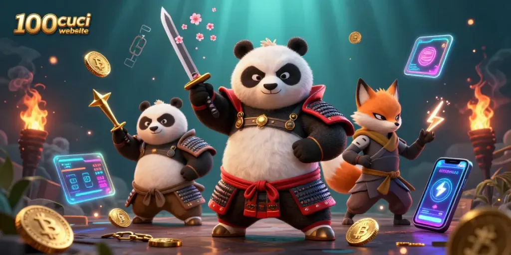 Experience thrilling action on the 100cuci website featuring samurai panda and ninja fox in casino-themed art.
