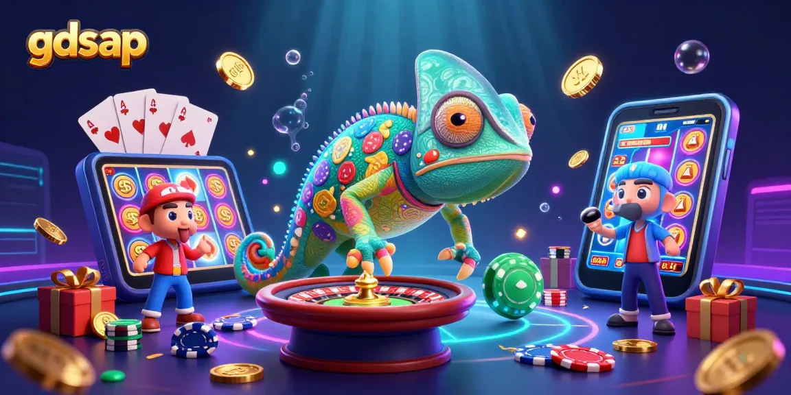 gdsap showcases a colorful 3D casino scene featuring lively chameleon characters enjoying slot games and roulette.