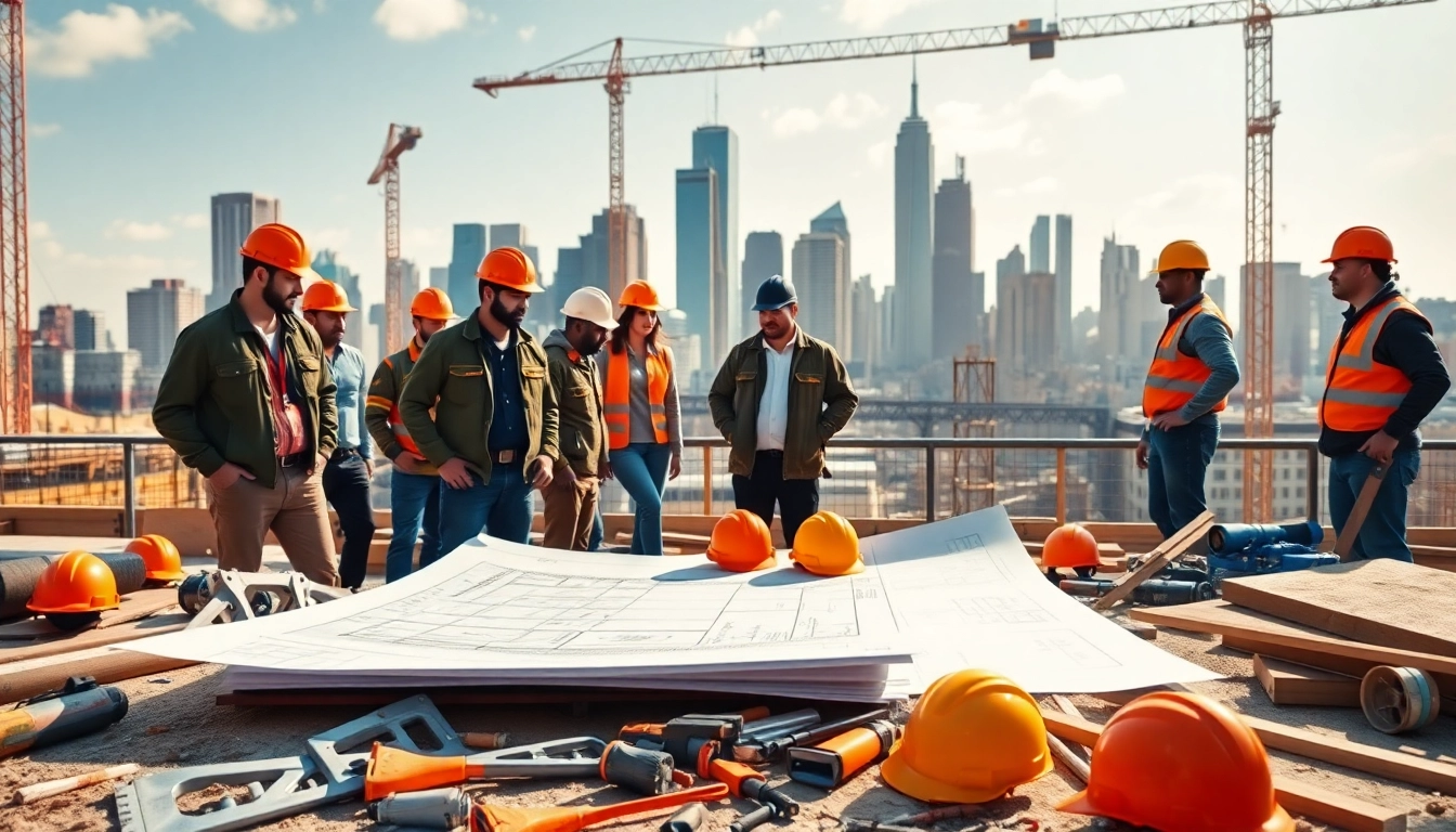 New York Commercial General Contractor overseeing a vibrant construction site with diverse workers.