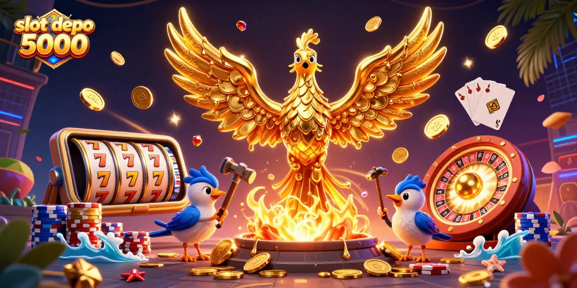 Spin the slot depo 5000 with vibrant golden phoenix and dynamic casino elements.