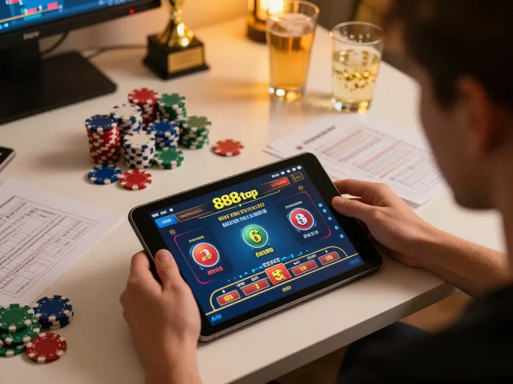 Player engaging with 888top casino games on tablet in a cozy gaming setup