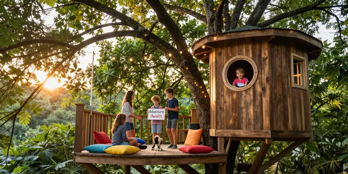 Family enjoying tree house life in a lush forest, playing games and creating memories.