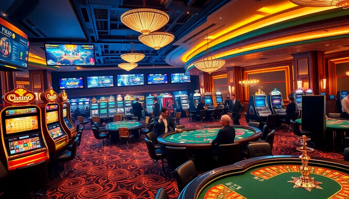 Scène de Casino en ligne Français 2026 présentant des tables de jeux vibrantes et une atmosphère luxueuse.