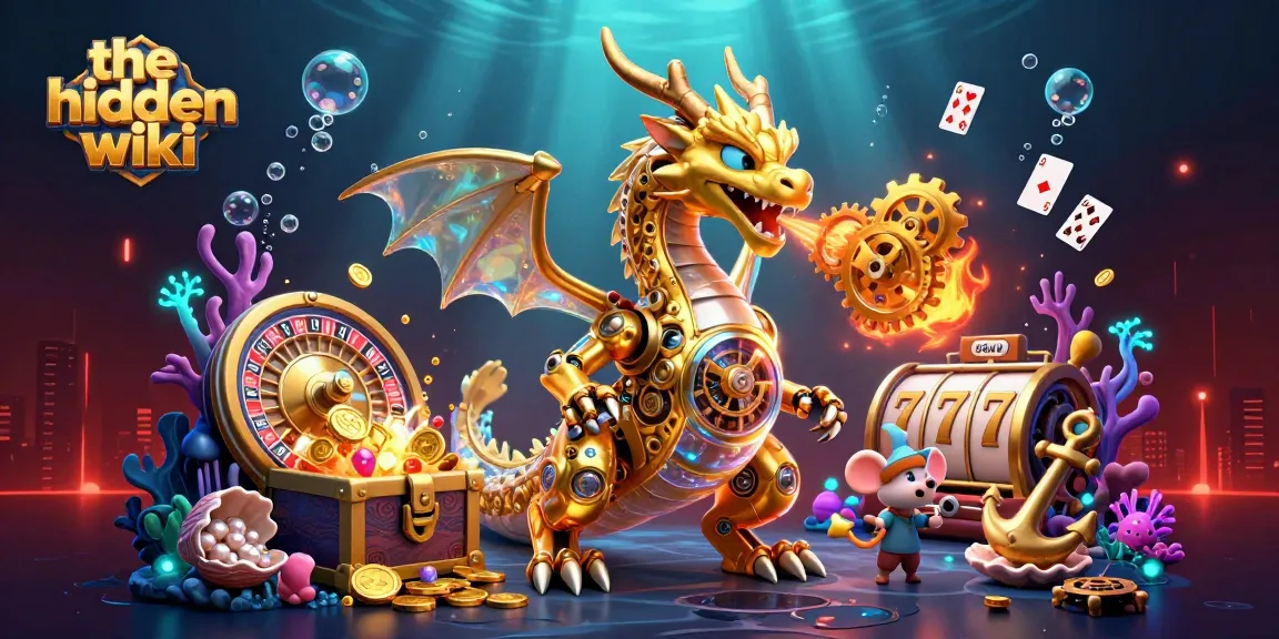 The hidden wiki showcases a vibrant 3D casino scene filled with golden coins and spinning reels, blending fantasy and gambling.
