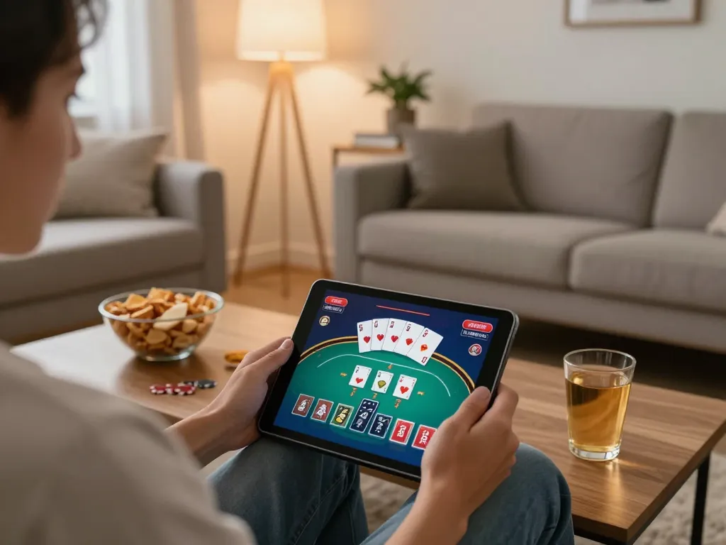 Engaging in online casinos in Canada reddit at home on a tablet, person focused on poker gameplay, cozy atmosphere.
