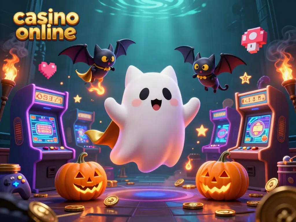 Scopri i migliori casino online con una scena giocosa di un gatto fantasma e pipistrello in un casinò.